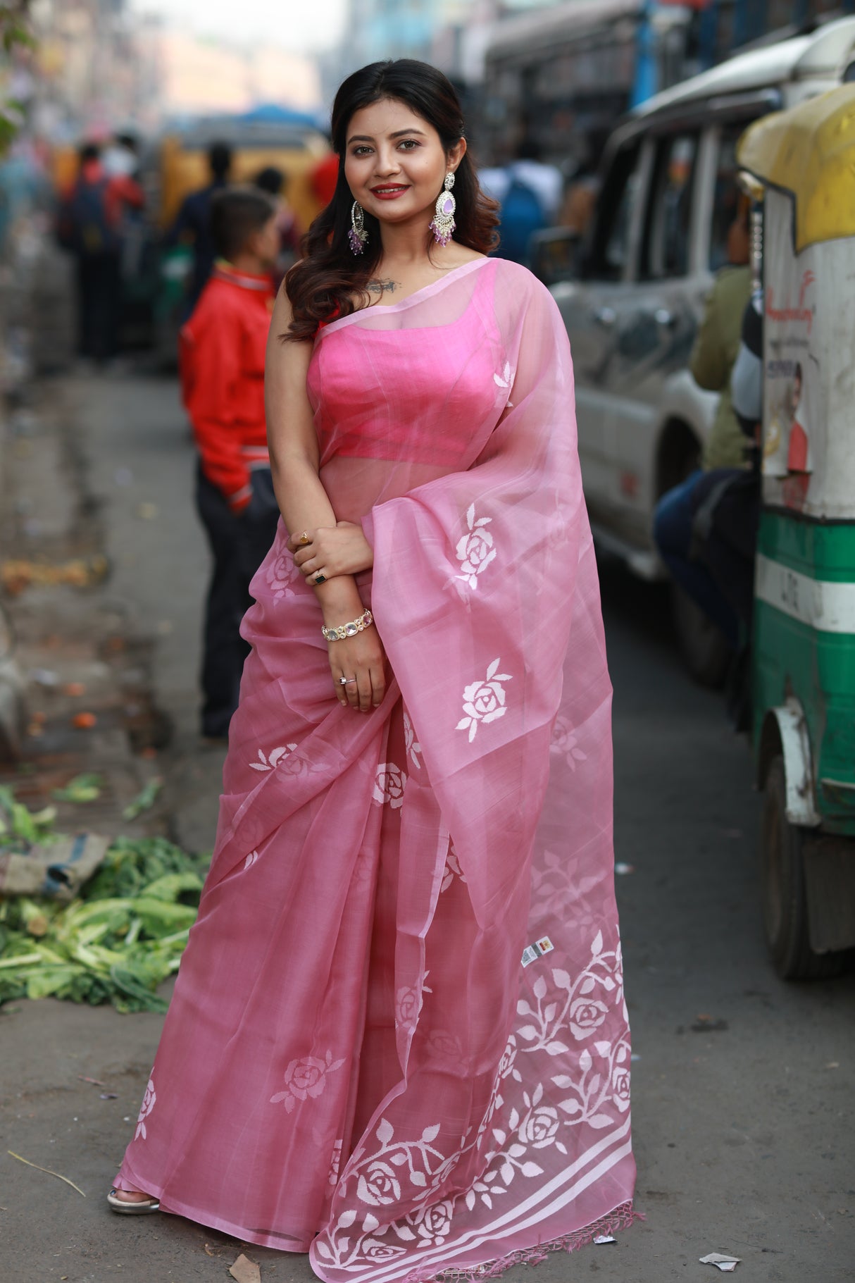 Pink with white rose motifs handwoven muslin silk jamdani saree
