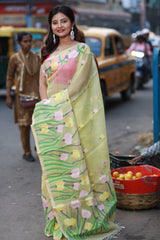 Light yellow with multi colour tulip handwoven muslin silk jamdani saree