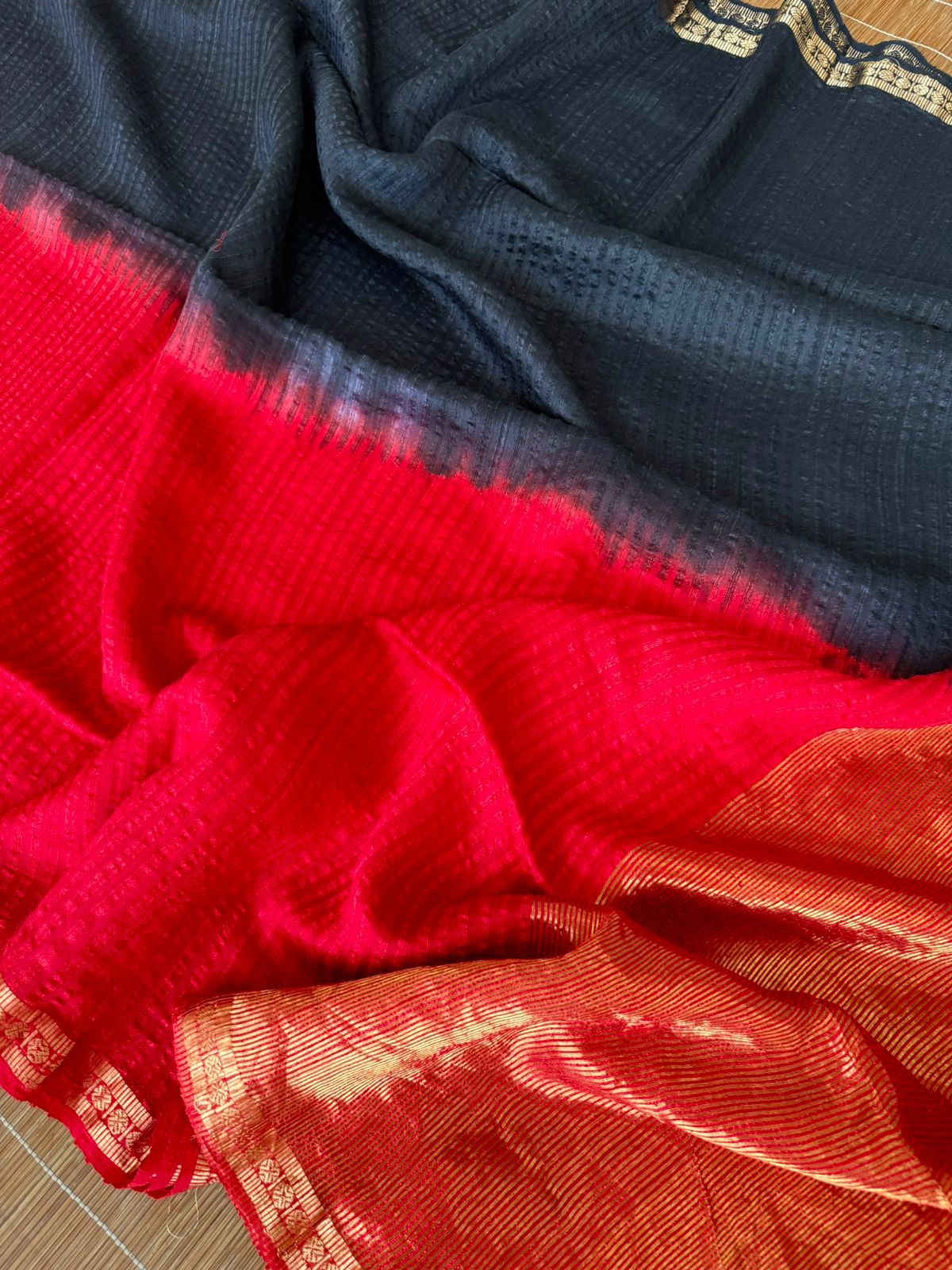 Red & black Matka silk with Noil silk tie & dye handwoven saree