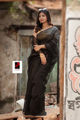 Black silk linen handwoven jamdani saree