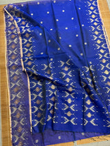 Indigo with zari border handwoven jamdani saree