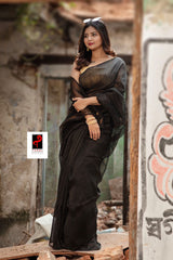 Black thoka silk linen handwoven jamdani saree - Tamal Boutique