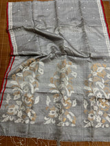 Grey with red border tussar silk handwoven jamdani saree