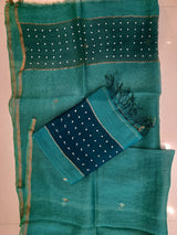 Sea green sequins with handwoven jamdani silk linen kurti & dupatta set - Tamal Boutique