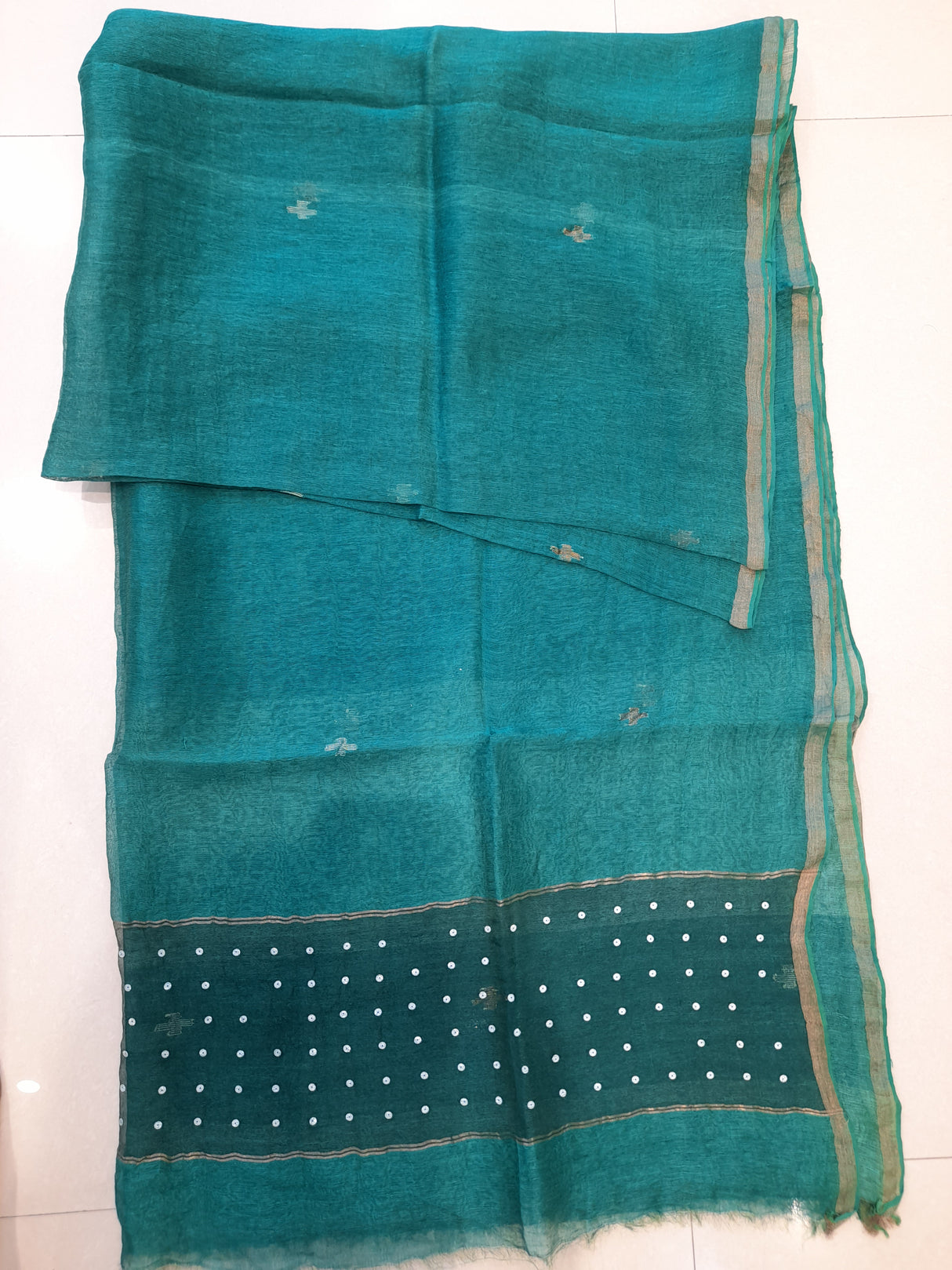 Sea green sequins with handwoven jamdani silk linen kurti & dupatta set - Tamal Boutique