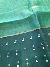 Sea green sequins with handwoven jamdani silk linen kurti & dupatta set - Tamal Boutique