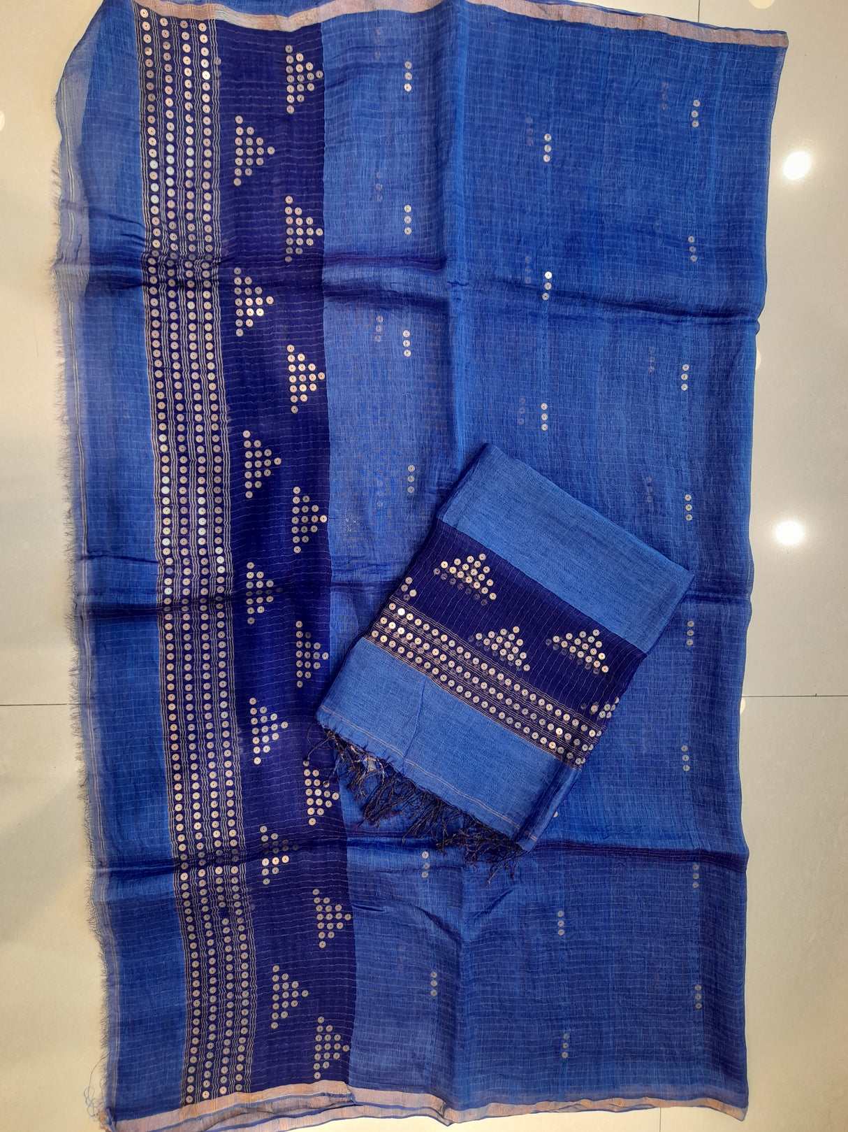 Indigo silk linen sequins handwoven kurti & dupatta set - Tamal Boutique