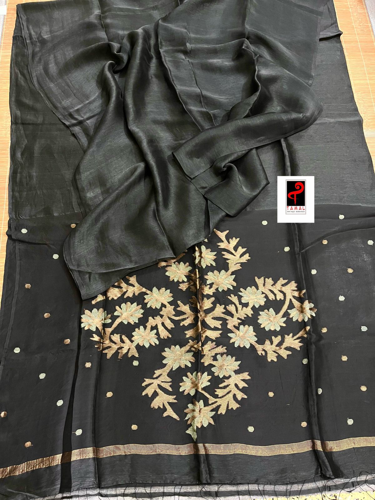 Black thoka silk linen handwoven jamdani saree - Tamal Boutique