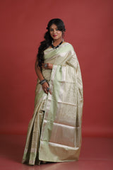 Light pista green with silver zari tissue banarasi silk saree - Tamal Boutique