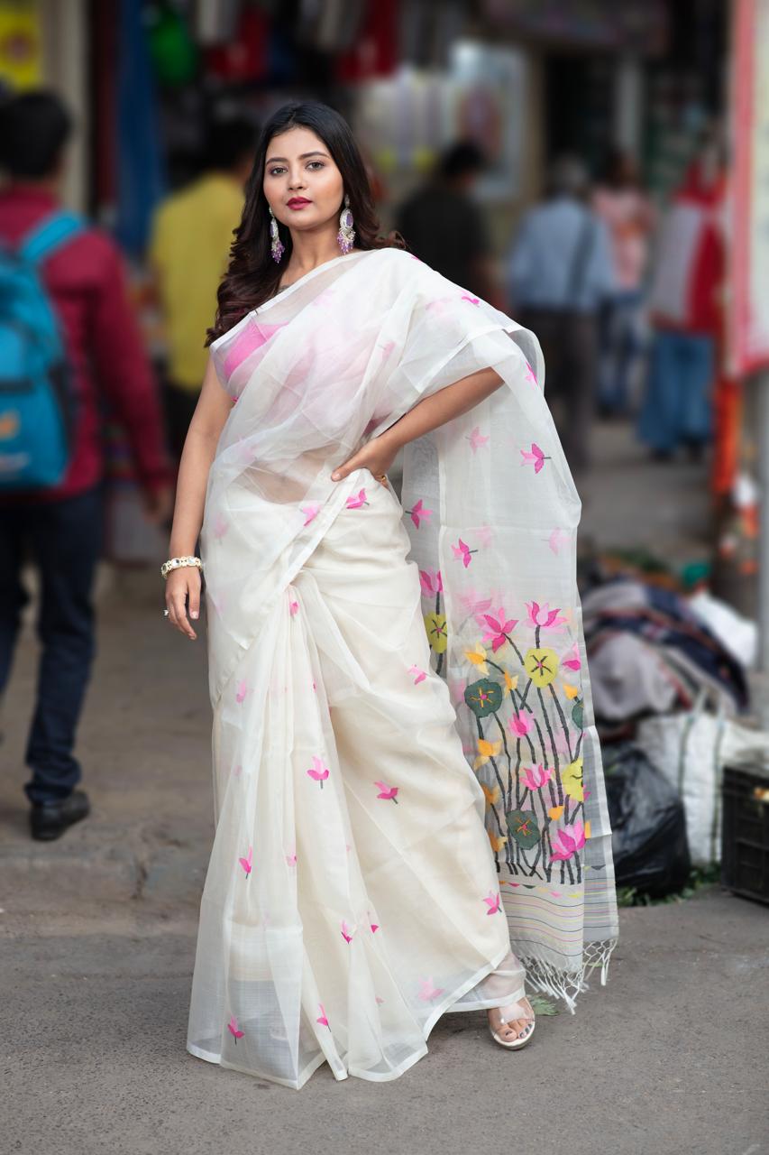 White with multi colour lotus handwoven muslin silk jamdani saree