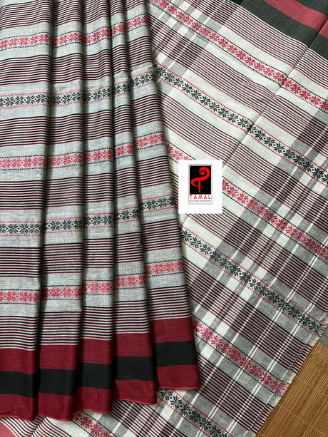 Ash with black and maroon dhonekhali cotton handloom saree