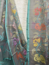 Ash with firoza border allover floral muslin silk handwoven jamdani saree
