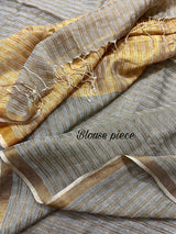 Ash with golden strip pure linen handloom saree