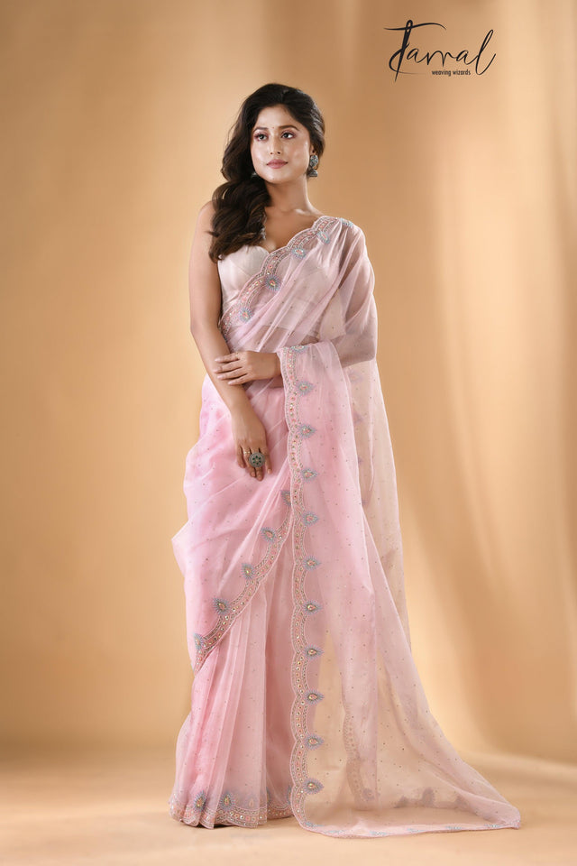 Baby pink fantasy zardosi silk saree front