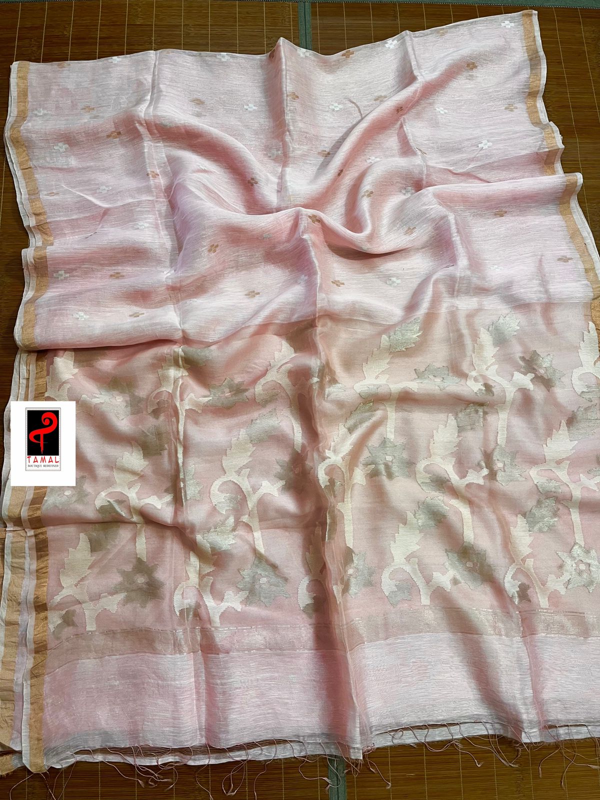 Baby pink with zari border silk linen handwoven jamdani saree