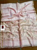 Baby pink with zari border silk linen handwoven jamdani saree