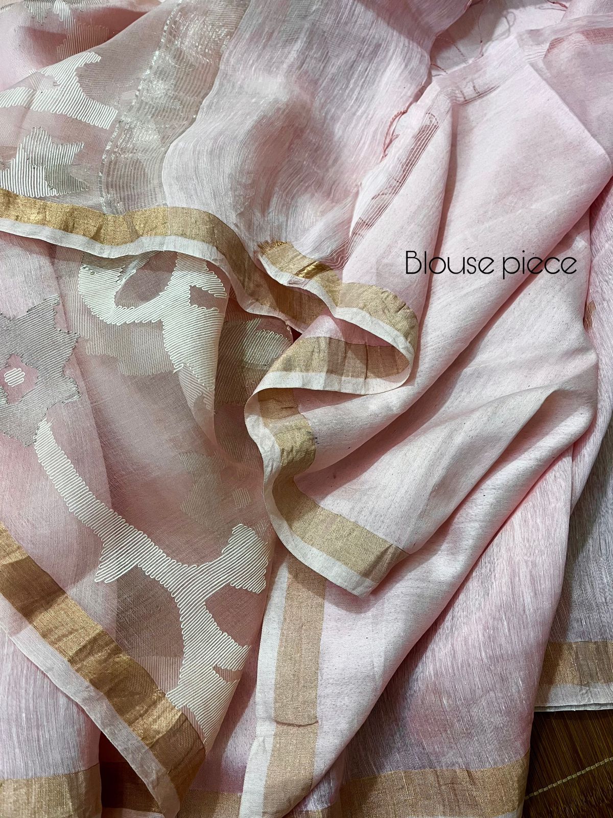 Baby pink with zari border silk linen handwoven jamdani saree