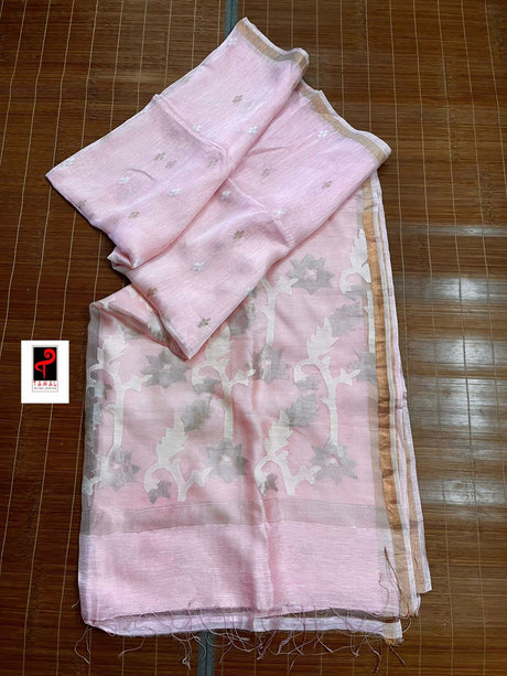 Baby pink with zari border silk linen handwoven jamdani saree - Tamal Boutique