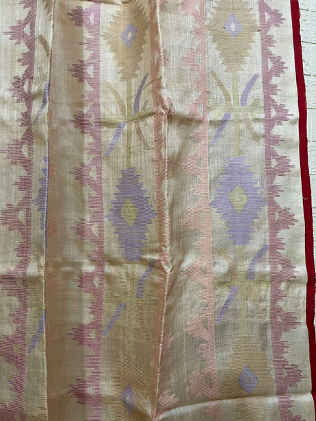 Beige with red border dhakai jamdani tussar silk handwoven jamdani saree