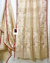 Beige with red border traditional handwoven jamdani saree in tusser silk