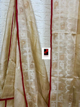 Beige with red border traditional handwoven jamdani saree in tusser silk
