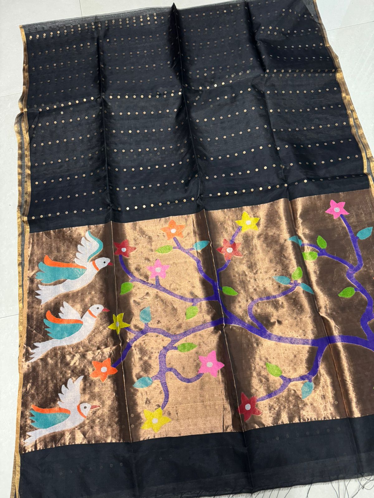 Black bird Paithani Organza Silk handwoven jamdani saree - Tamal Boutique