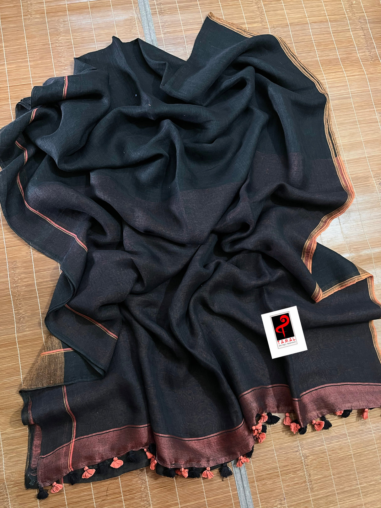 Black colour linen handloom saree
