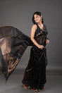 Black with golden zari border silk linen half & half handwoven jamdani saree - Tamal Boutique