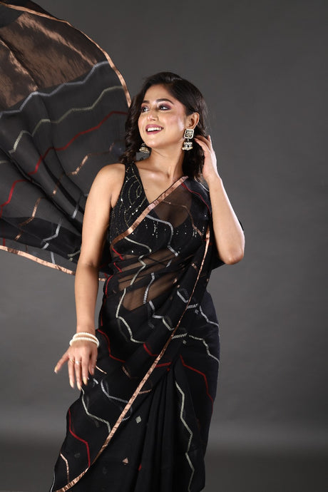 Black with golden zari border silk linen half & half handwoven jamdani saree