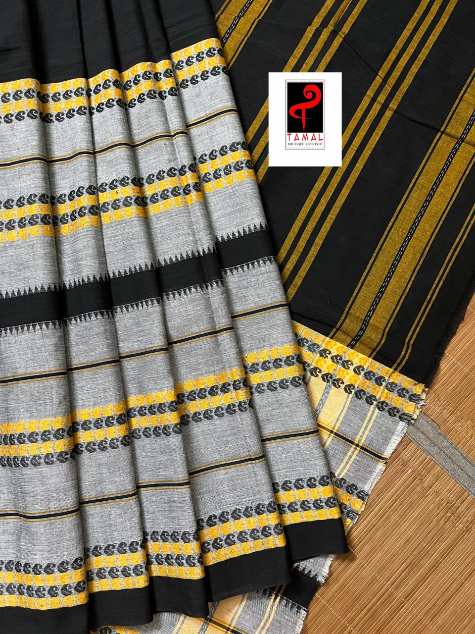 Black with ash and yellow dhonekhali cotton handloom saree