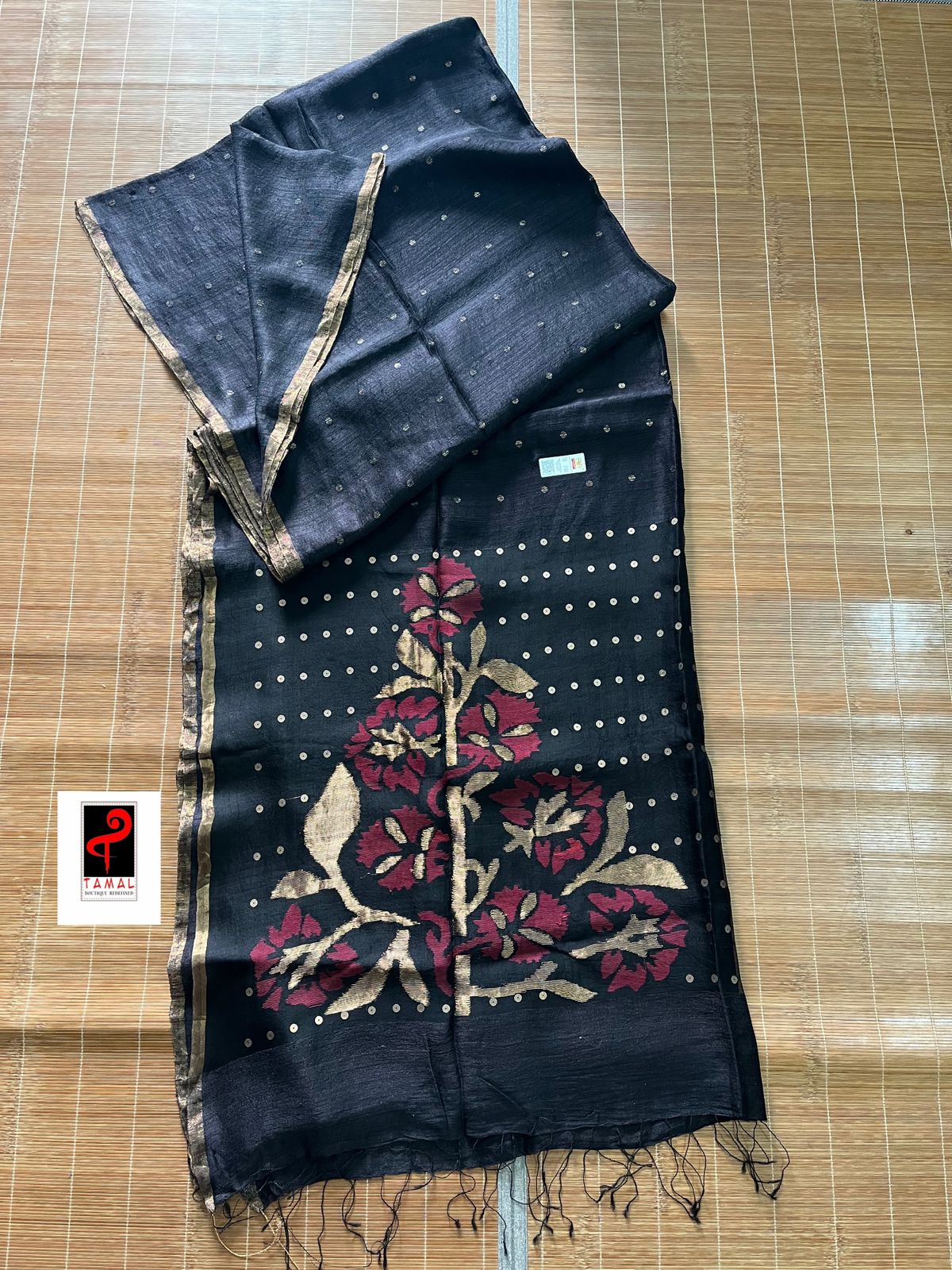 Black with golden zari border matka silk sequins handwoven jamdani saree