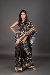 Black checks bird design hand batik in katan silk saree - Tamal Boutique