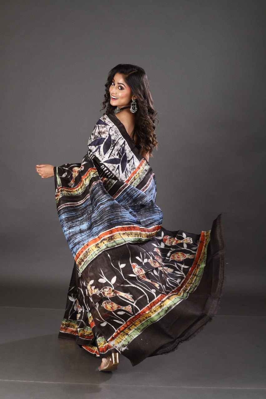 Black checks bird design hand batik in katan silk saree - Tamal Boutique