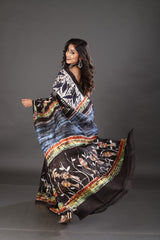 Black checks bird design hand batik in katan silk saree