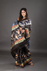 Black checks bird design hand batik in katan silk saree