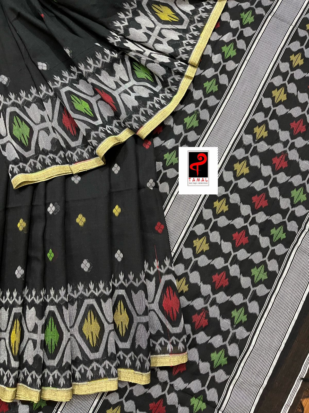 Black with multicolour fulia cotton handloom jamdani saree - Tamal Boutique