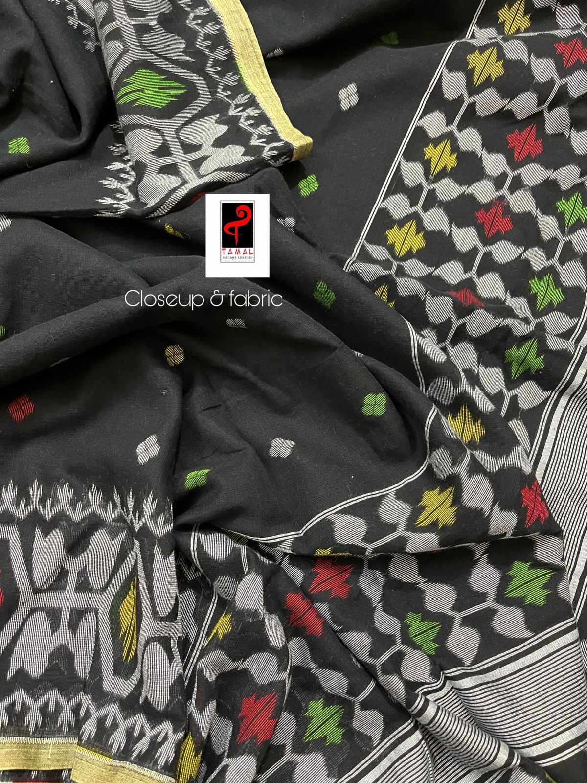 Black with multicolour fulia cotton handloom jamdani saree - Tamal Boutique