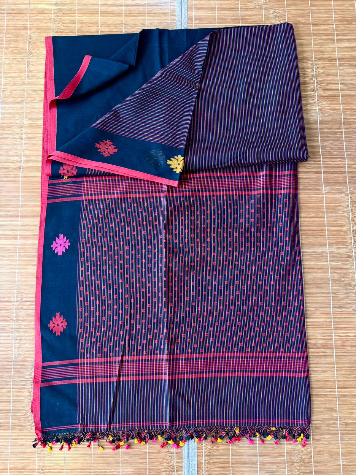 Black with red border half & half stripe cotton handwoven jamdani - Tamal Boutique