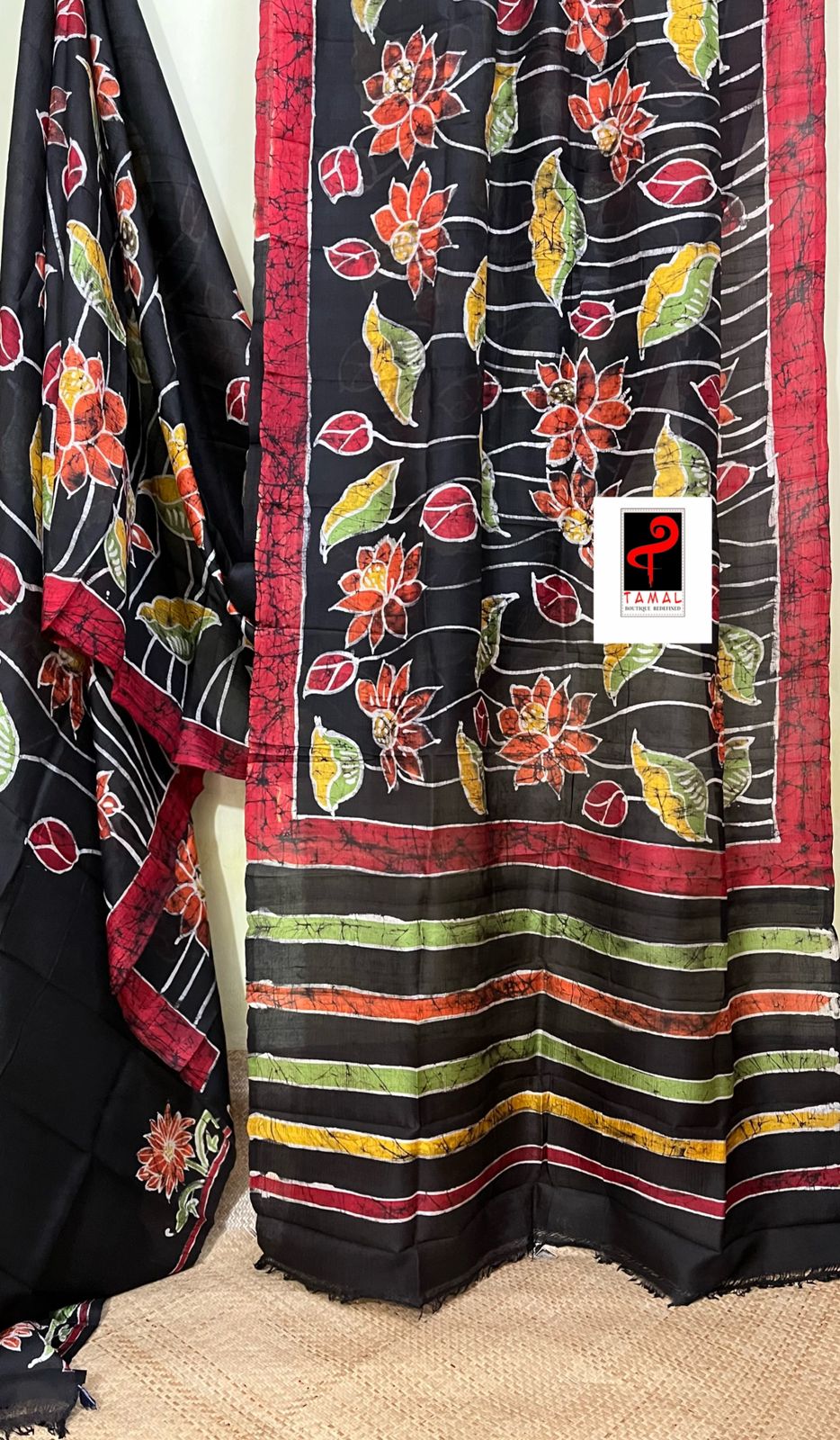 Black with red border lotus hand batik in katan silk saree