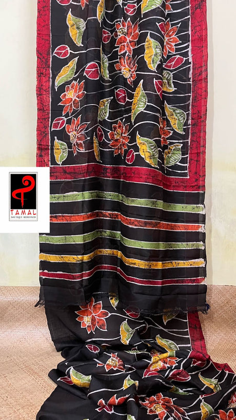 Black with red border lotus hand batik in katan silk saree - Tamal Boutique