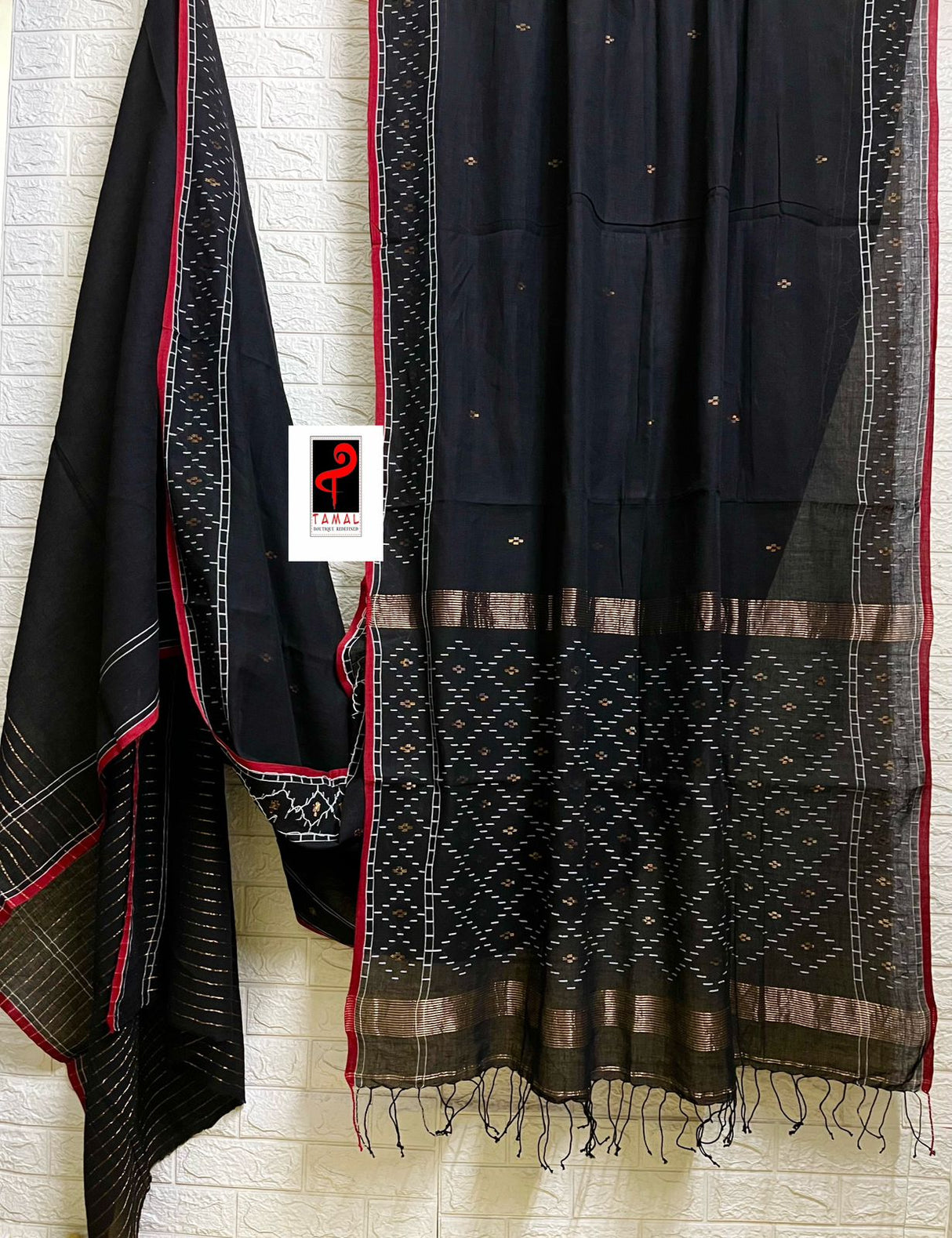 Black with red border net design cotton handwoven jamdani saree