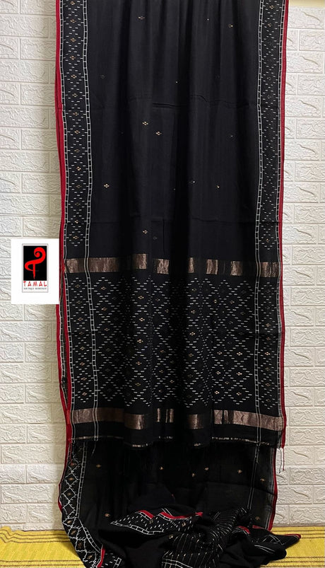 Black with red border net design cotton handwoven jamdani saree - Tamal Boutique