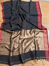 Black with red border pure tissue linen handloom saree