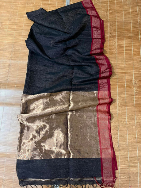 Black with red border pure tissue linen handloom saree - Tamal Boutique