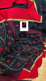 Black with red border traditional linen handwoven jamdani saree