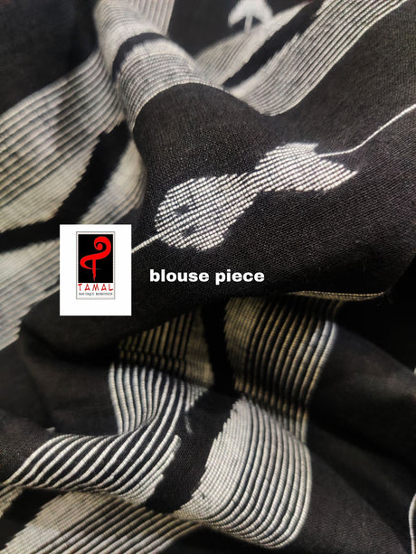 Black with white border fish motifs cotton handwoven jamdani saree - Tamal Boutique