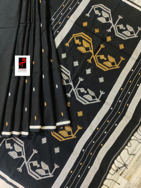 Black with white border pure cotton handwoven jamdani saree - Tamal Boutique