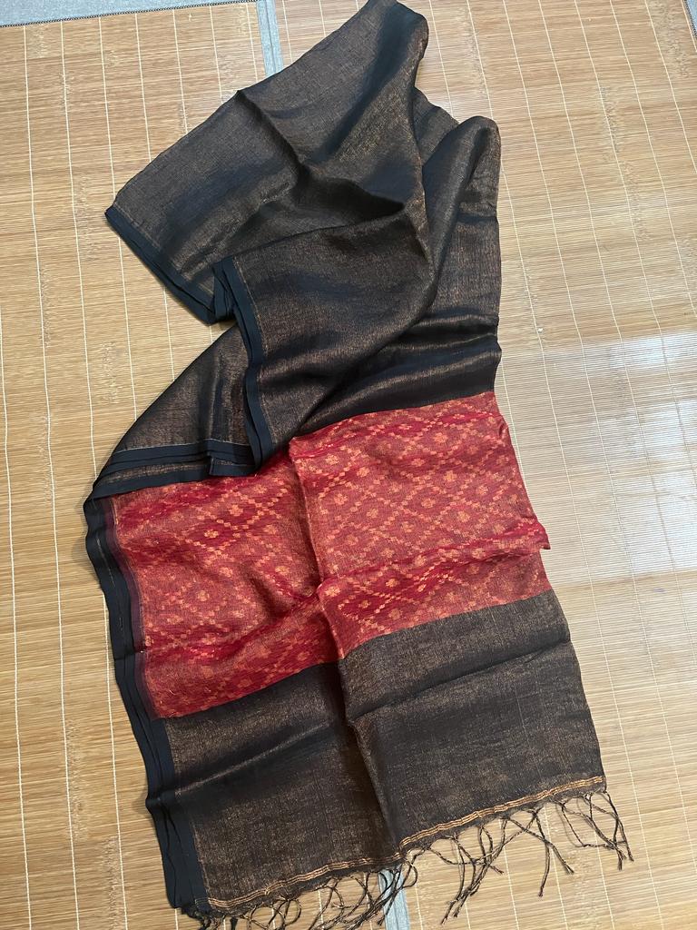 Black with red zari linen pallu jamdani handloom saree