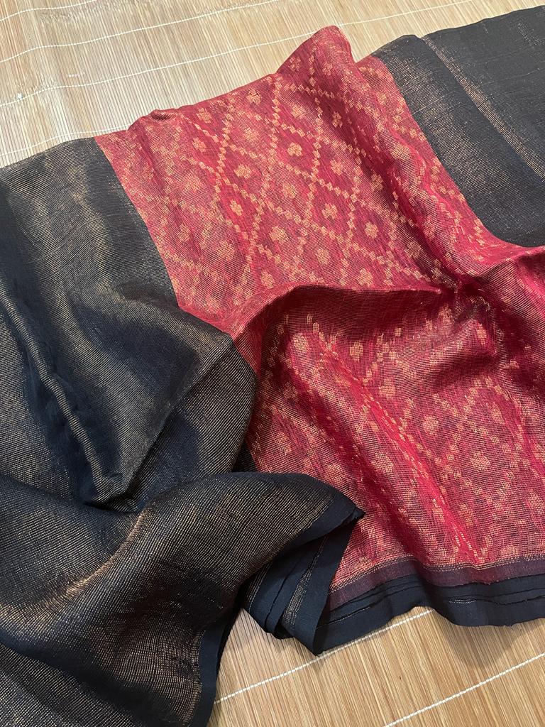 Black with red zari linen pallu jamdani handloom saree