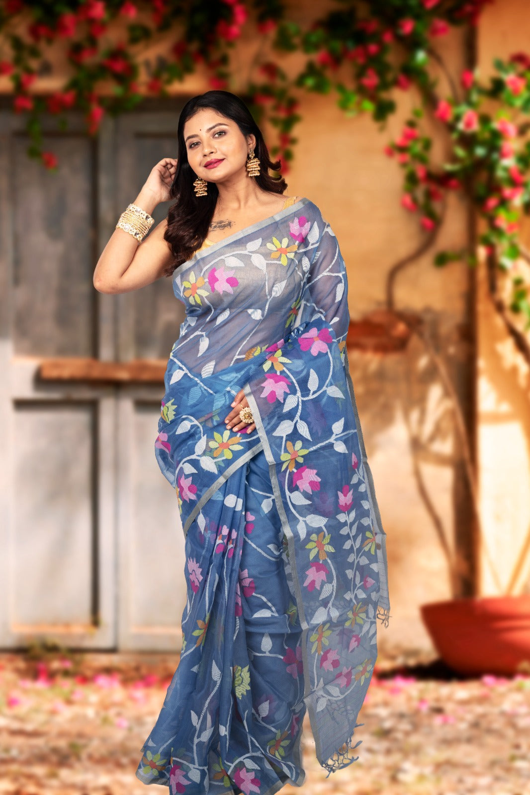 Blue With Multicolour Allover Floral Handwoven Jamdani Saree In Muslin Silk